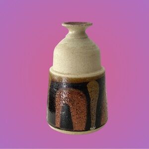 Vintage abstract art pottery vase brown cream mixed glaze signed